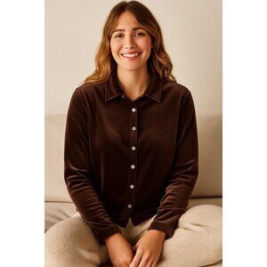 J. Jill Stretch Velvet Button-Up Shirt 90s Inspired Luxe Chocolate Brown Sz L